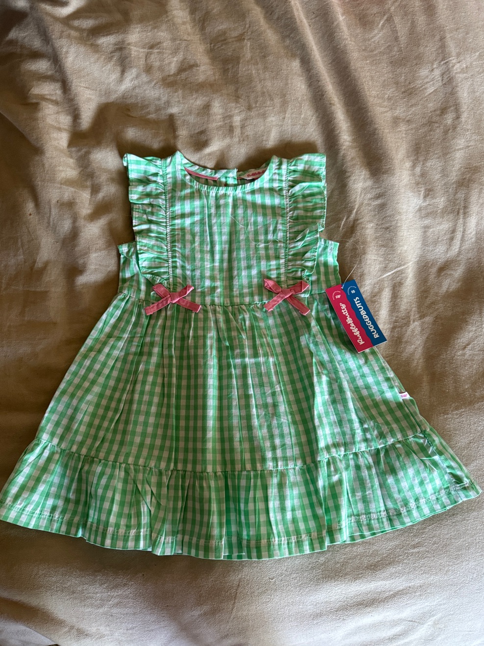 Nwt Rufflebutts 3t Green Gingham Pinafore Bow Dress